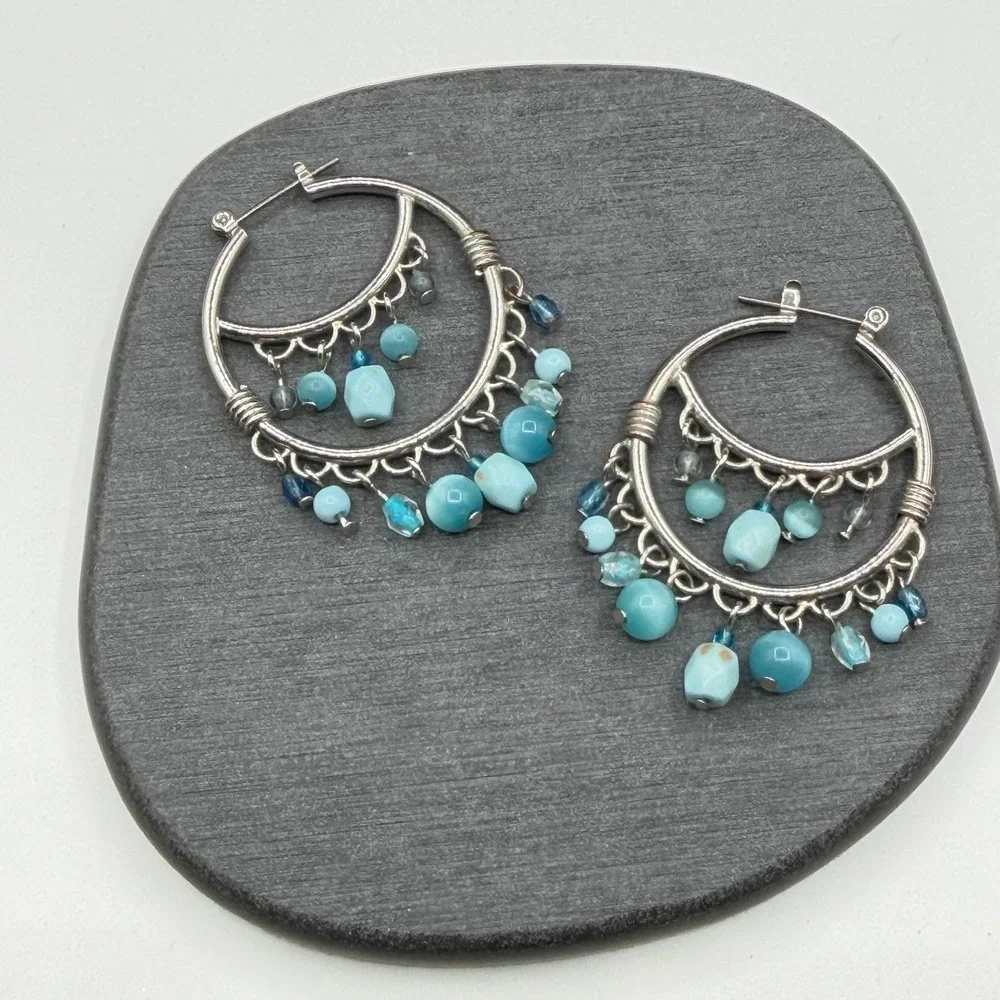 Silver Tone Turquoise Blue Beaded Chandelier Hoop Earrings Boho Statement Gift